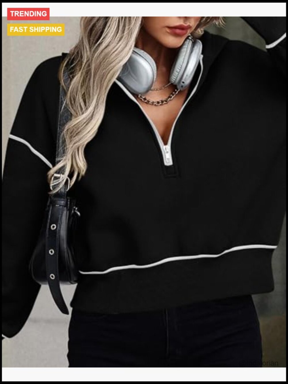 Half Zip Cropped Hooded Sweatshirt Pullover Long Sleeve Fleece Lined - Picture 6 of 7